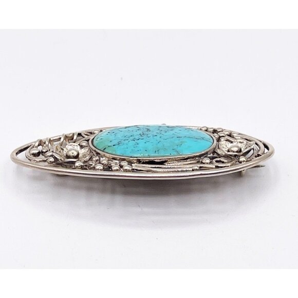 Vintage 925 Sterling Silver Turquoise Brooch Filigree Floral Artisan Signed Alok - Picture 3 of 10